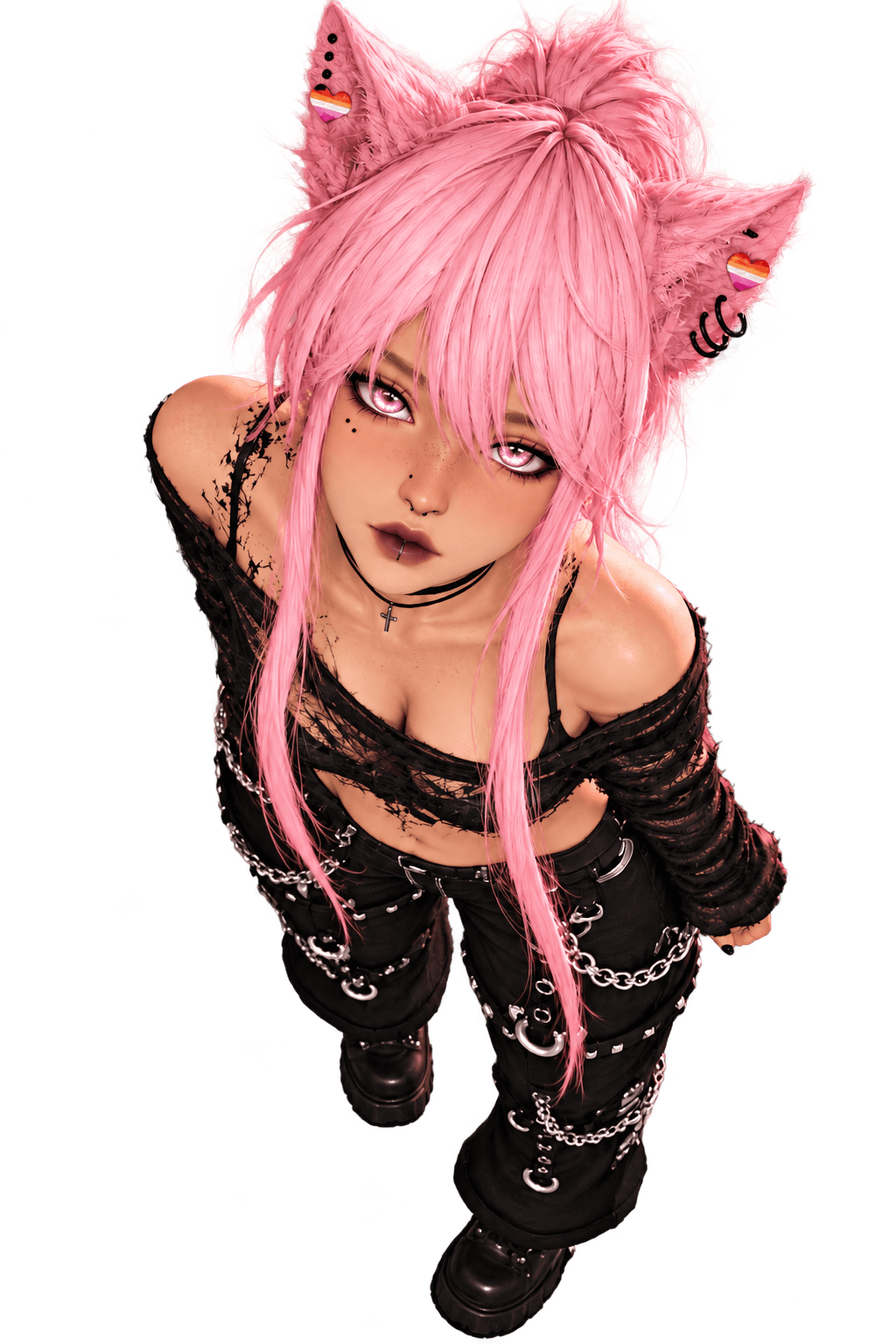Raya Serahill: pink-haired catgirl in black lace and chains, looking down at the camera